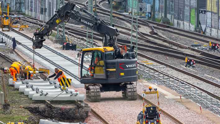 Arbeiter auf einer Baustelle arbeiten an den Schienen