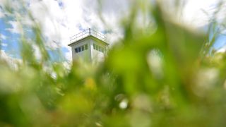 Ein Wachturm eines ehemaligen DDR-Grenzübergangs in sommerlicher Kulisse (Bild: dpa)