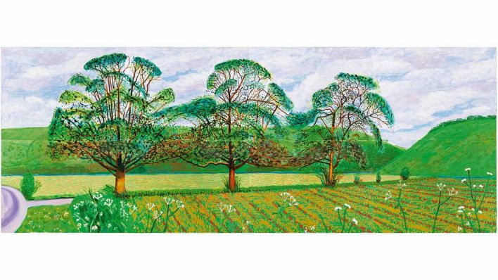 David Hockney: Three Trees near Thixendale, Spring 2008 Öl auf acht Leinwänden 183 x 488 x 3,5 cm Sammlung Würth, Inv. 12500 ( © David Hockney 2015, Foto: Richard Schmidt)
