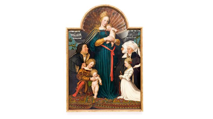 Hans Holbein d. J.: Madonna des Bürgermeisters Jacob Meyer zum Hasen, (Schutzmantelmadonna) 1525/26 und 1528, Öl auf Nadelholz 146,5 x 102 cm Sammlung Würth, Inv. 14910 (© Sammlung Würth, Foto: Philipp Schönborn)