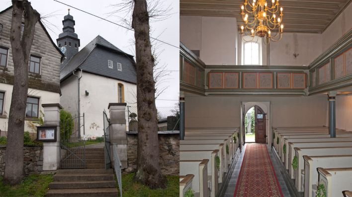 Collage: Außen- und Innenansicht der Kirche von Seubtendorf, AD: 12. 04. 2014