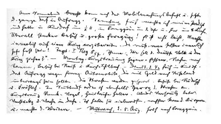 Handschriftlicher Tagebucheintrag von Theodor Piper, v. 1. August 1914 (Auszug).Text: Sonnabend kam noch der Mobilmachungsbefehl u. setzte d. ganze Dorf in Aufregg. Sonntag früh machte ich meine Predigt und hatte in Künsdorf um ½ 11, in Langgrün um 2 Uhr u. hier in d. Kirche. Überall starker Besuch u. große Erregung! Es ist nicht leicht, Menschen innerlich auf einen Krieg vorzubereiten. Da muß man selber innerlich sehr fest sein! - Übertragung aus dem Sütterlin durch Ehrenamtliche Sütterlinstube im Hospital zum Hl. Geist, Hamburg, 2014. © A. Piper, 2014 Handschriftlicher Tagebucheintrag von Theodor Piper, v. 1. August 1914 (Auszug).Text: Sonnabend kam noch der Mobilmachungsbefehl u. setzte d. ganze Dorf in Aufregg. Sonntag früh machte ich meine Predigt und hatte in Künsdorf um ½ 11, in Langgrün um 2 Uhr u. hier in d. Kirche. Überall starker Besuch u. große Erregung! Es ist nicht leicht, Menschen innerlich auf einen Krieg vorzubereiten. Da muß man selber innerlich sehr fest sein! - Übertragung aus dem Sütterlin durch Ehrenamtliche Sütterlinstube im Hospital zum Hl. Geist, Hamburg, 2014. © A. Piper, 2014