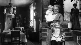 Bildcollage, li.: Wohnstube des Pfarrhauses Seubtendorf, im Hintergrund Marie Piper (geb. Kosbahn) um 1914, re.: Marie Piper (geb. Kosbahn) mit ihren Enkelinnen Ruth (li.) und Marianne (re.), im Hintergrund ihre Schwiegertochter Anne Piper, geb. Stiefelhagen. - Reproduktion: R. Piper © 2014