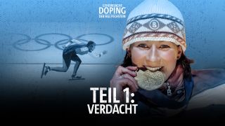 Collage: Claudia Pechstein beißt auf eine Goldmedaille, läuft auf Schlittschuhen bei Olympia übers Eis, darauf der Titel: "Teil 1: Verdacht".